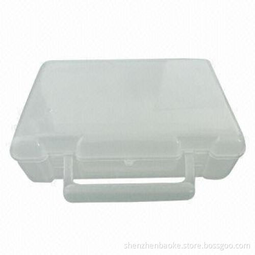 First-aid kit in clear plastic box with handle